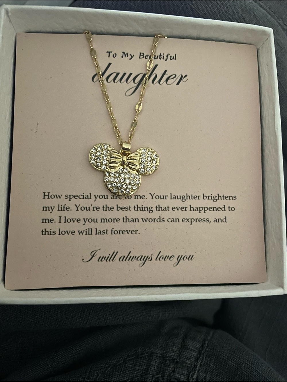 Minnie Mouse Bow Gold Rhinestone Pendant Necklace for Girls -New with box